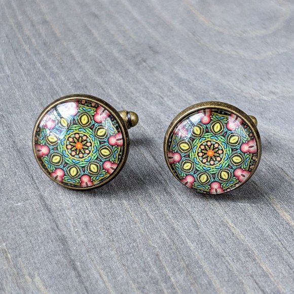 Glass Dome Cuff Links with Green Kaleidoscope Pattern, Antiqued-Bronze Plated - Picture 8 of 16